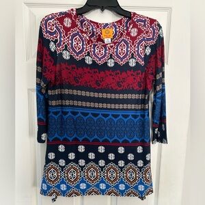 Ruby Road Red and Blue Patterned Long Sleeve Top Size Petite Medium